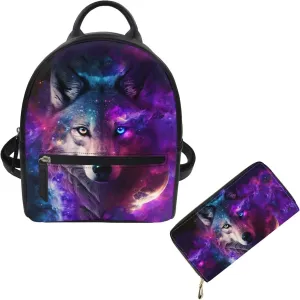 Showudesigns Galaxy Wolf Backpack Purse and Wallet Set for Women Leather Mini Backpack Waterproof Shoulder Bag Teenager Purse Men Daypack Wallets 2 Pack Purple