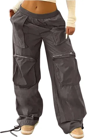 SMIDOW Womens Baggy Cargo Pants Streetwear y2k Clothes Relax Fit Drawstring Elastic Waist Parachute Pant Trousers