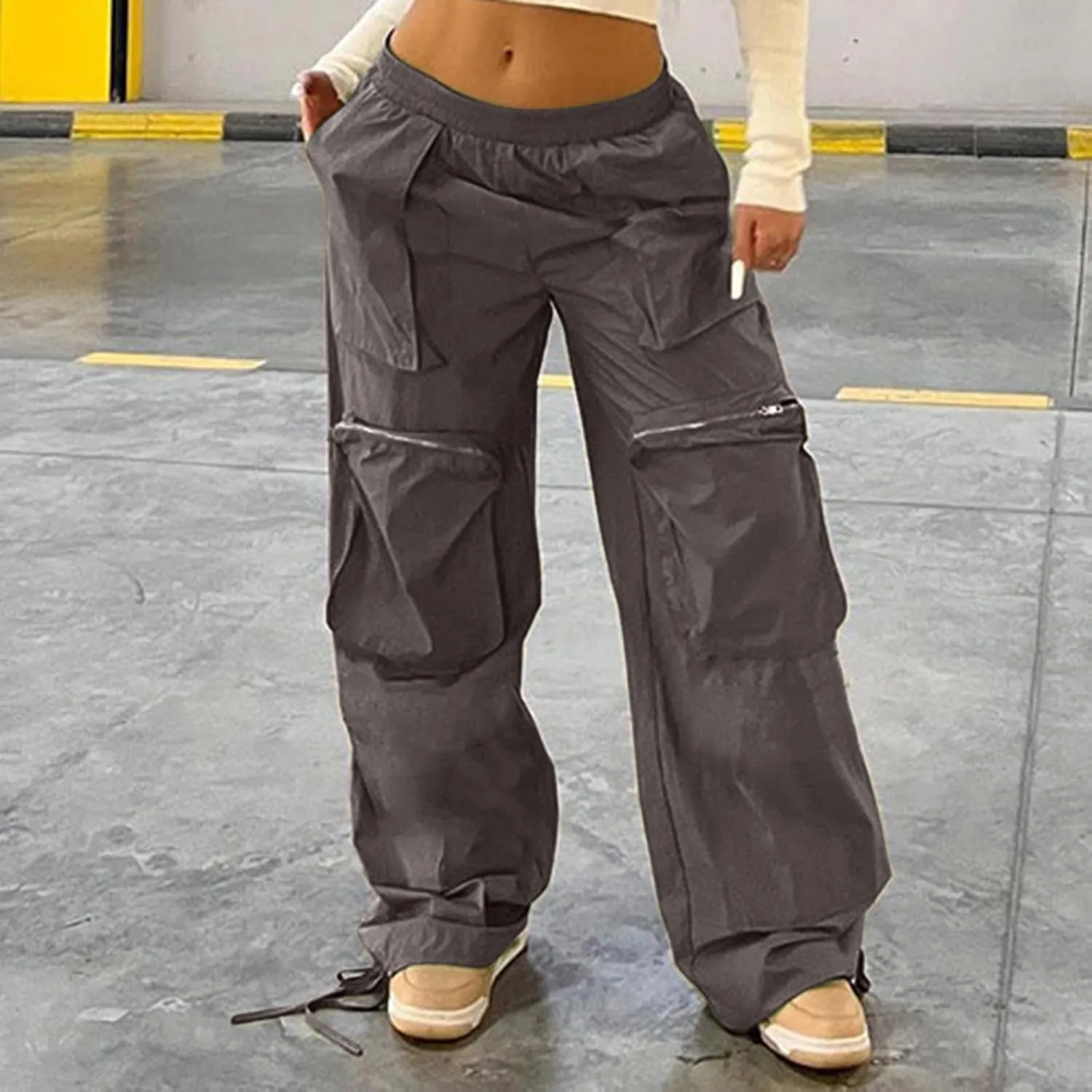SMIDOW Womens Baggy Cargo Pants Streetwear y2k Clothes Relax Fit Drawstring Elastic Waist Parachute Pant Trousers