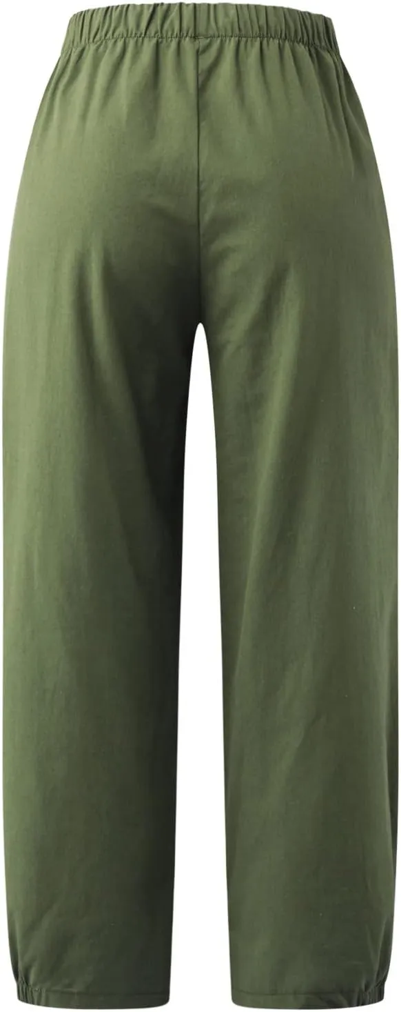 SMIDOW Women's Capris and Cropped Pants Dressy Casual Cotton Linen Pant Elastic High Waist Loose Wide Leg Long Trousers