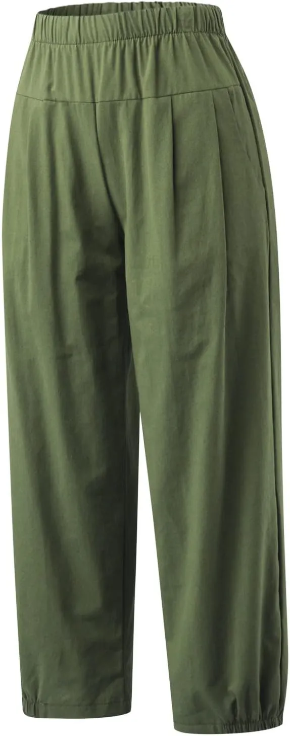 SMIDOW Women's Capris and Cropped Pants Dressy Casual Cotton Linen Pant Elastic High Waist Loose Wide Leg Long Trousers