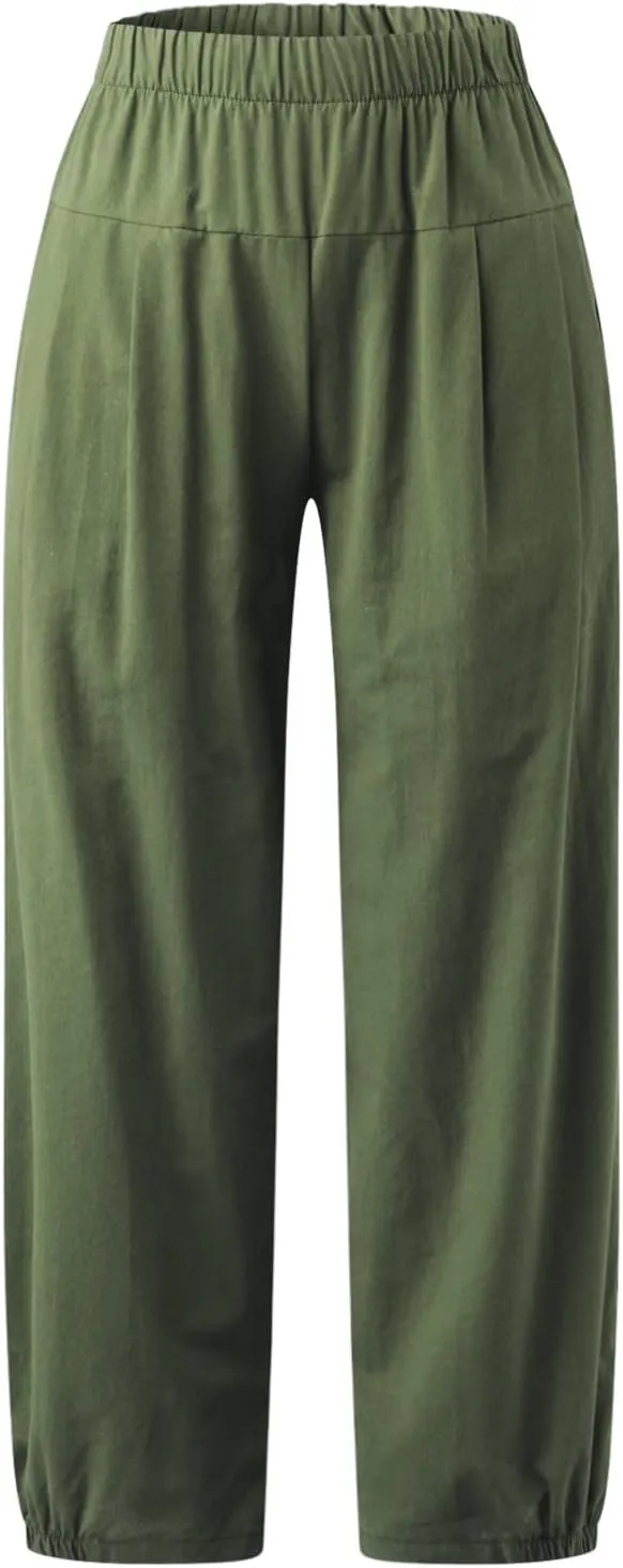 SMIDOW Women's Capris and Cropped Pants Dressy Casual Cotton Linen Pant Elastic High Waist Loose Wide Leg Long Trousers
