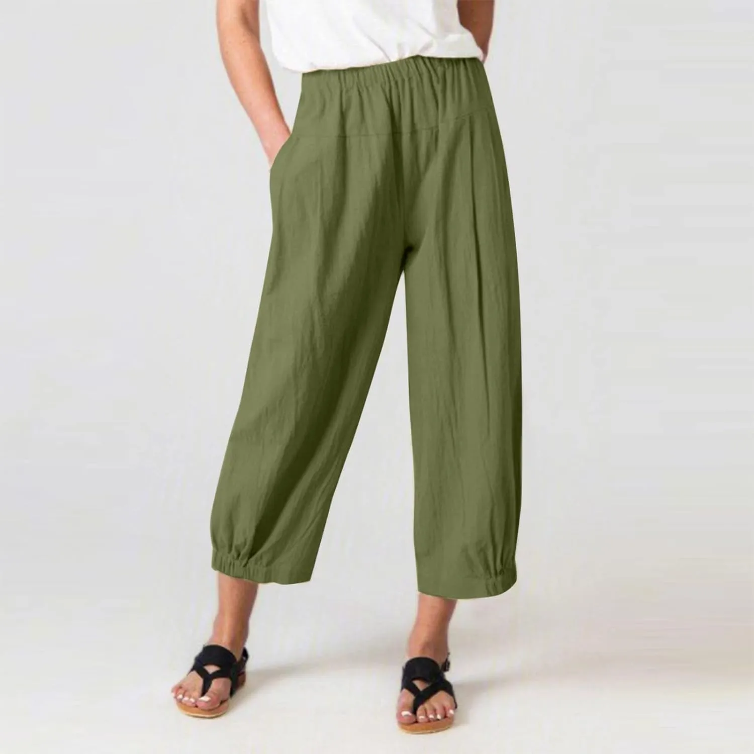 SMIDOW Women's Capris and Cropped Pants Dressy Casual Cotton Linen Pant Elastic High Waist Loose Wide Leg Long Trousers