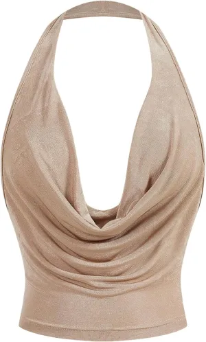 SOLY HUX Women's Cowl Neck Halter Neck Going Out Tops Open Back Sleeveless Y2k Crop Tank Top