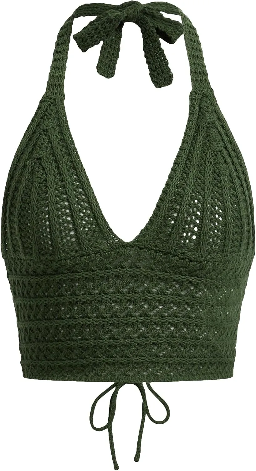 SOLY HUX Womens Crochet Halter Crop Tops Summer Sexy Knitted V Neck Sleeveless Camisole Y2K Top