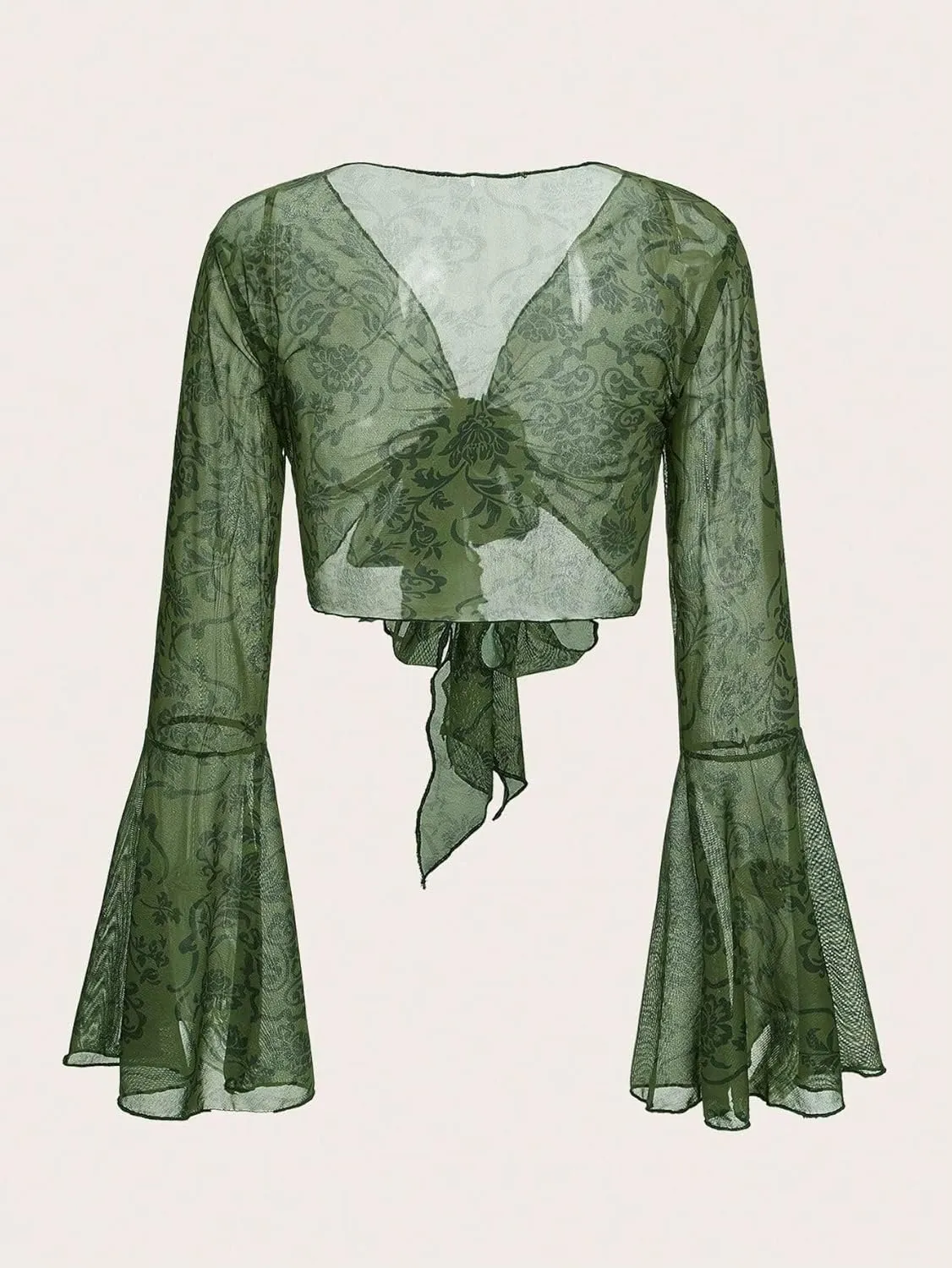 SOLY HUX Womens Fairy Bell Sleeve Top Floral Lace Tie Front Crop Cardigan Y2k