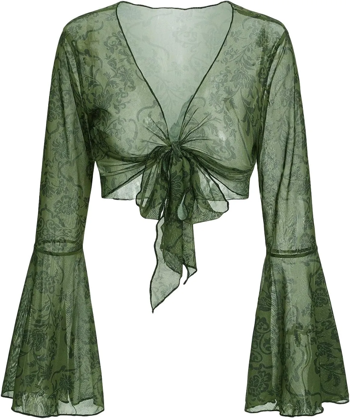 SOLY HUX Womens Fairy Bell Sleeve Top Floral Lace Tie Front Crop Cardigan Y2k