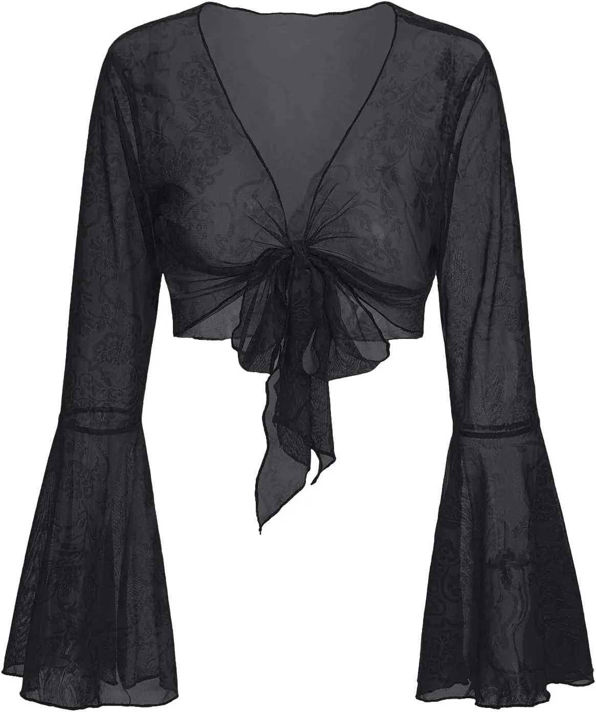 SOLY HUX Womens Fairy Bell Sleeve Top Floral Lace Tie Front Crop Cardigan Y2k