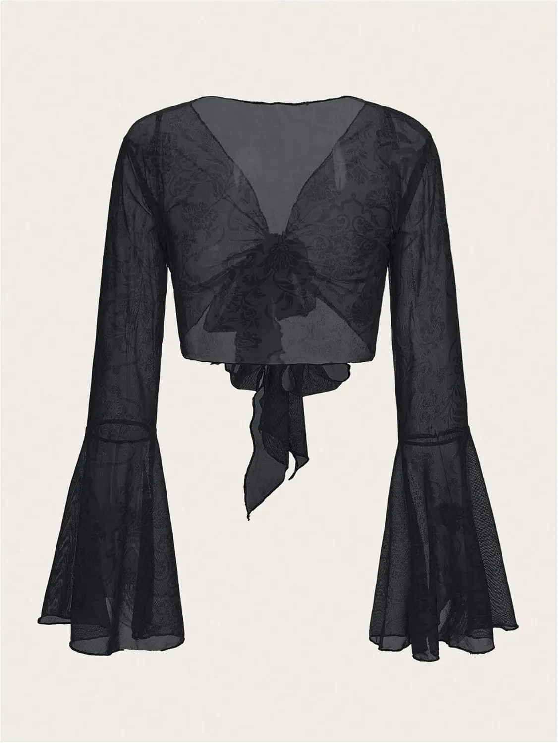 SOLY HUX Womens Fairy Bell Sleeve Top Floral Lace Tie Front Crop Cardigan Y2k