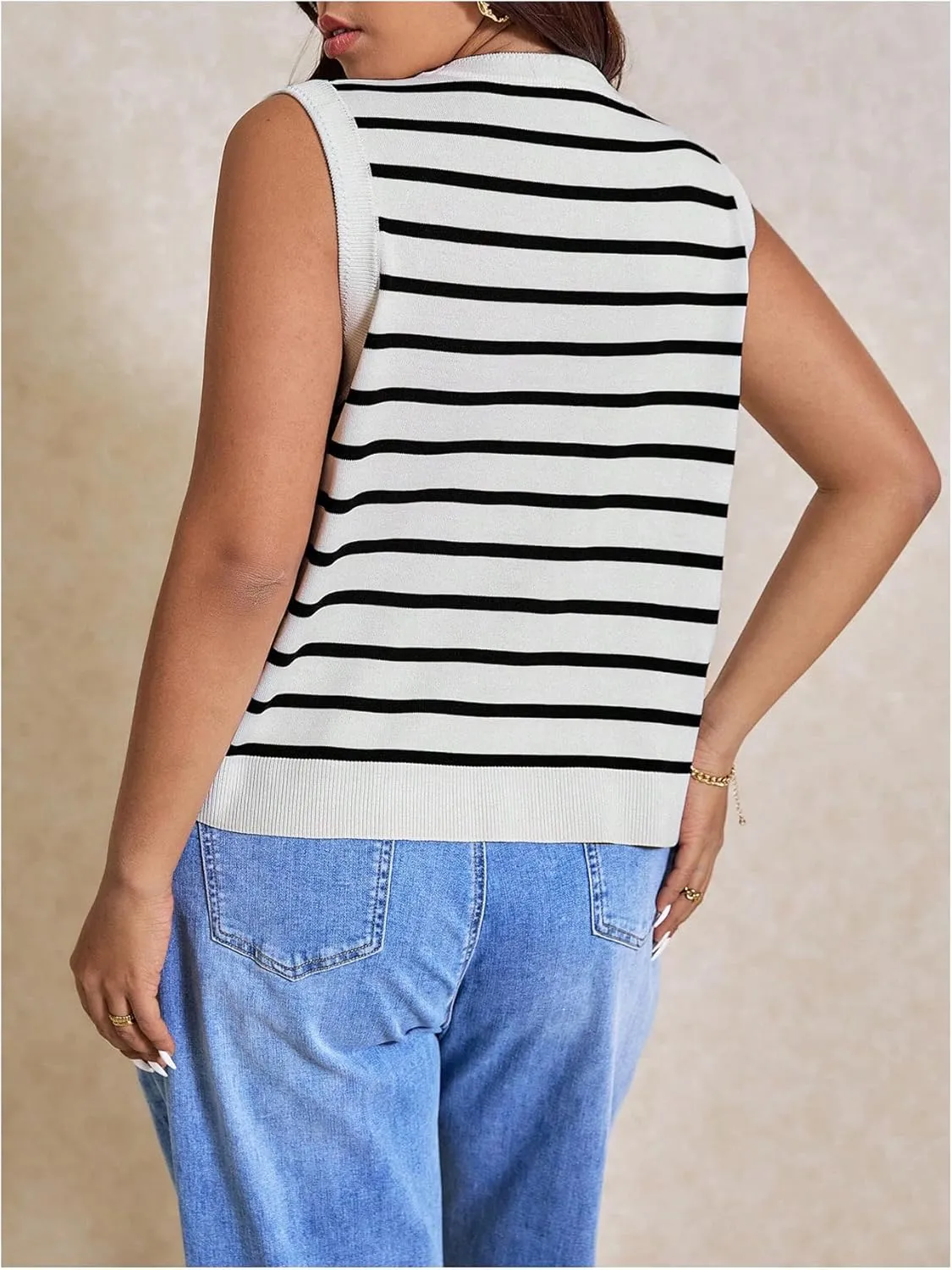 SOLY HUX Women's Plus Size Striped Sweater Vest V Neck Sleeveless Button Down Knit Tank Tops