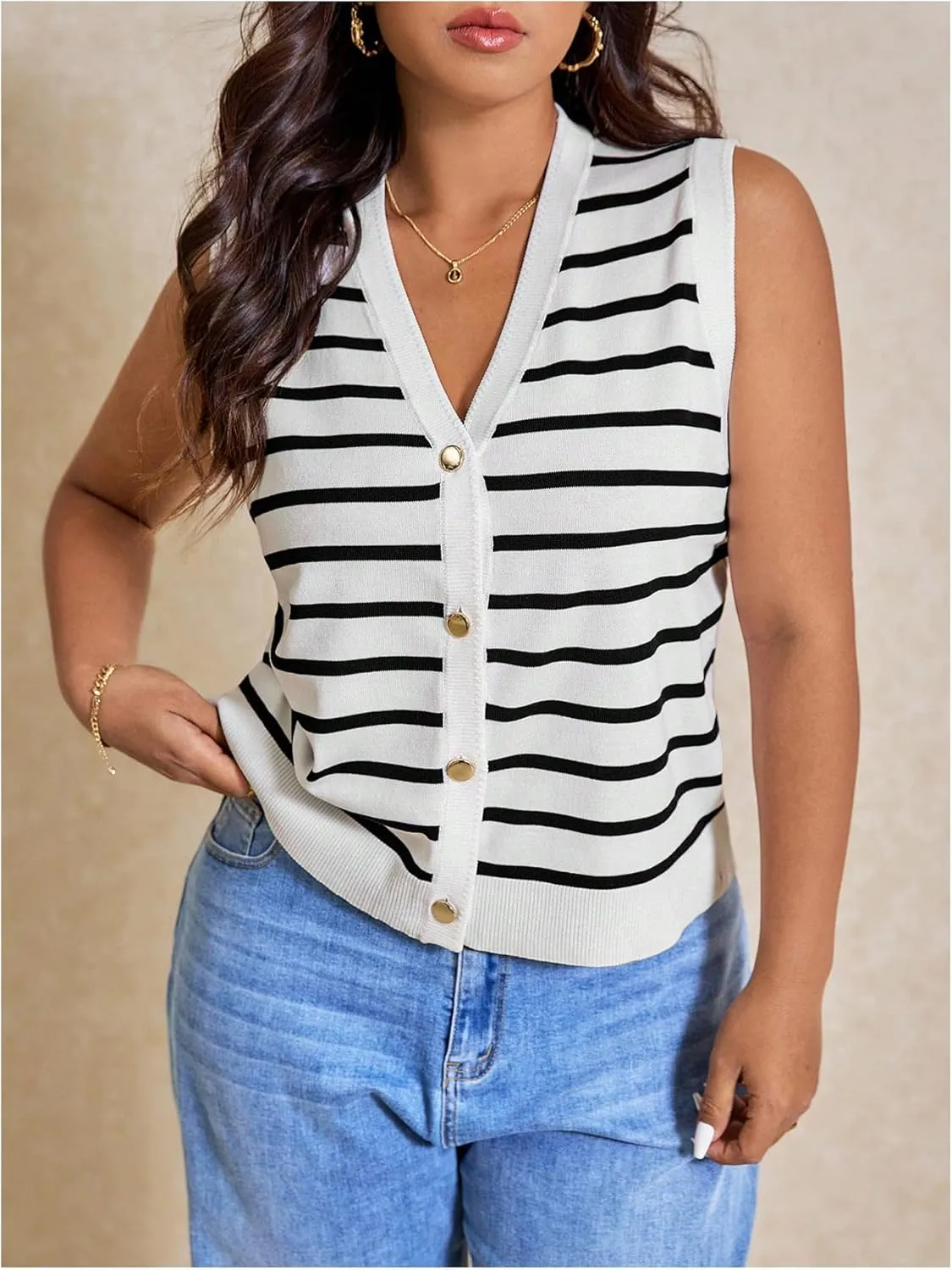 SOLY HUX Women's Plus Size Striped Sweater Vest V Neck Sleeveless Button Down Knit Tank Tops