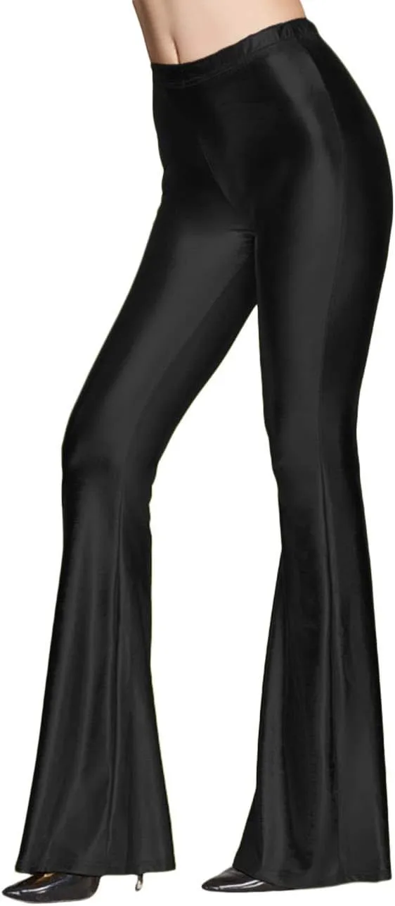 SOMTHRON Women's Elastic Waist Shinny Wide Leg Leggings Trousers High Waist Stretchy Leather Bell Bottoms Flare Pants