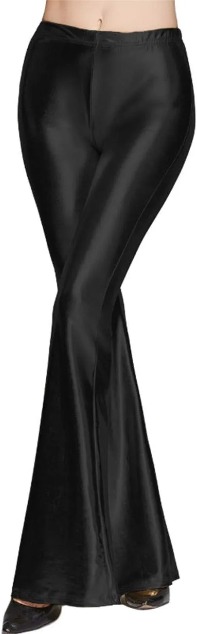 SOMTHRON Women's Elastic Waist Shinny Wide Leg Leggings Trousers High Waist Stretchy Leather Bell Bottoms Flare Pants