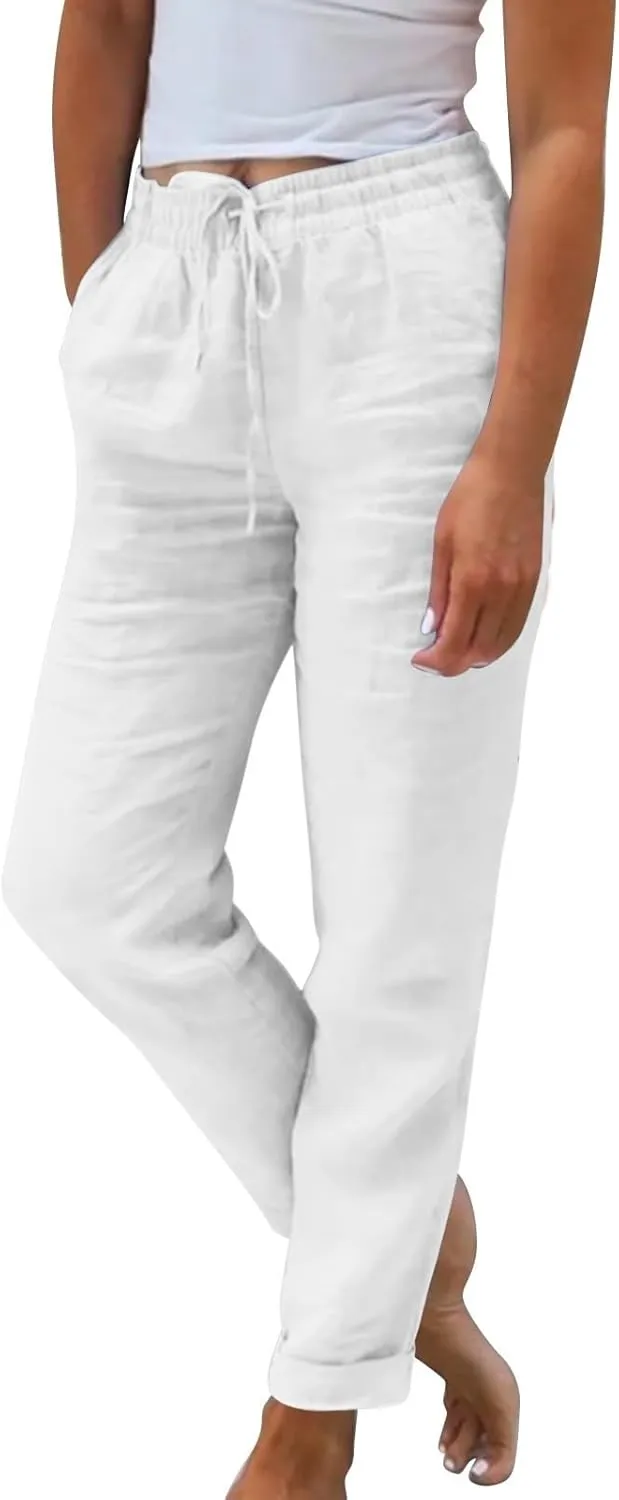 Straight Leg Linen Pants Women Summer Elastic High Waisted Beach Pants with Pockets Casual Plus Size Trousers