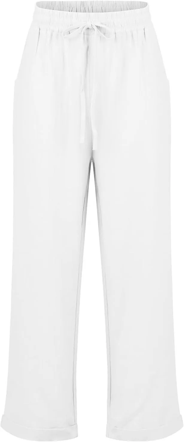 Straight Leg Linen Pants Women Summer Elastic High Waisted Beach Pants with Pockets Casual Plus Size Trousers