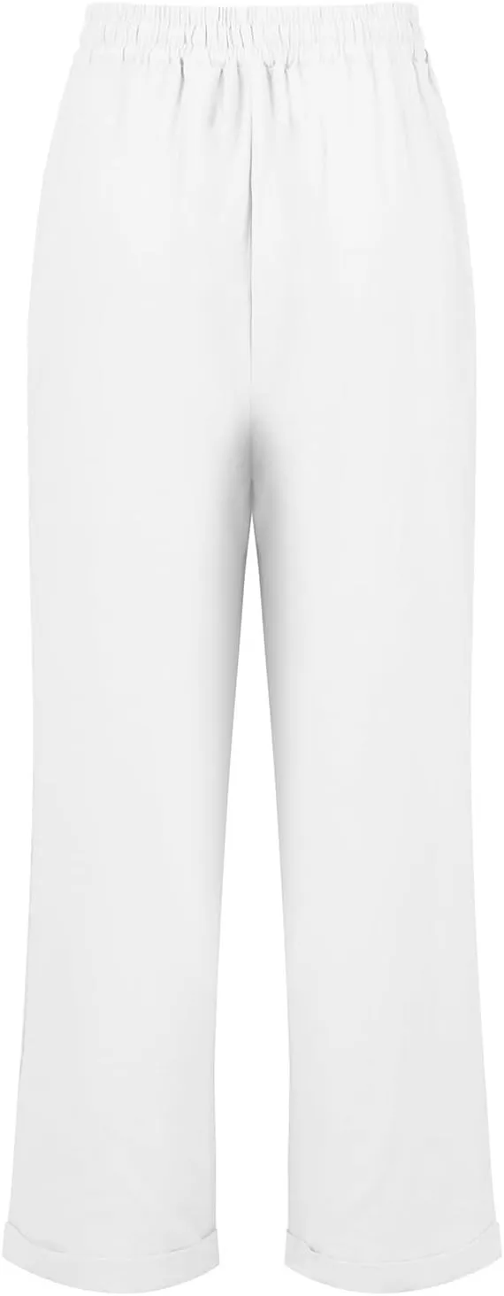 Straight Leg Linen Pants Women Summer Elastic High Waisted Beach Pants with Pockets Casual Plus Size Trousers