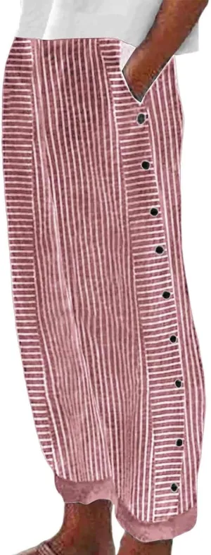 Striped Linen Pants for Women Wide Straight Leg Side Button Pants Womens 2025 Baggy Elastic Waist Pants