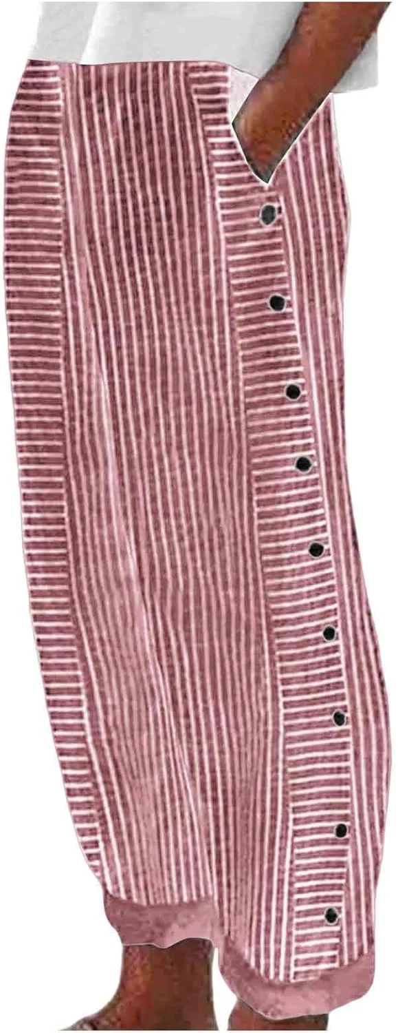 Striped Linen Pants for Women Wide Straight Leg Side Button Pants Womens 2025 Baggy Elastic Waist Pants