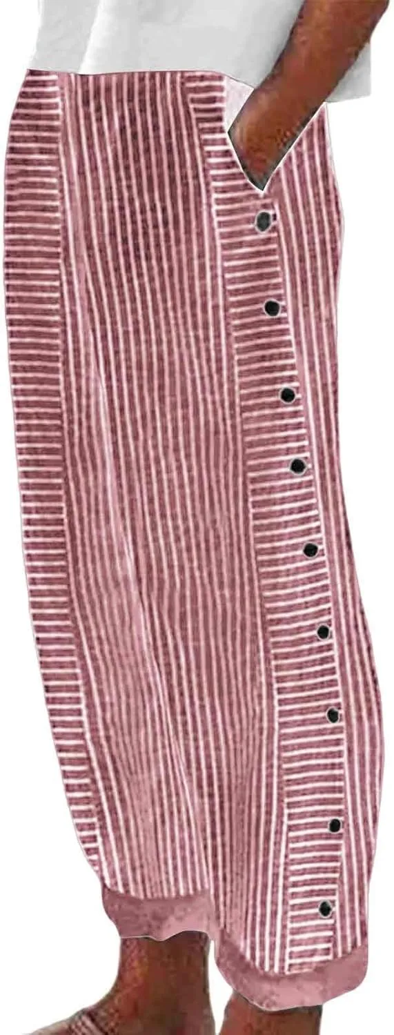 Striped Linen Pants for Women Wide Straight Leg Side Button Pants Womens 2025 Baggy Elastic Waist Pants