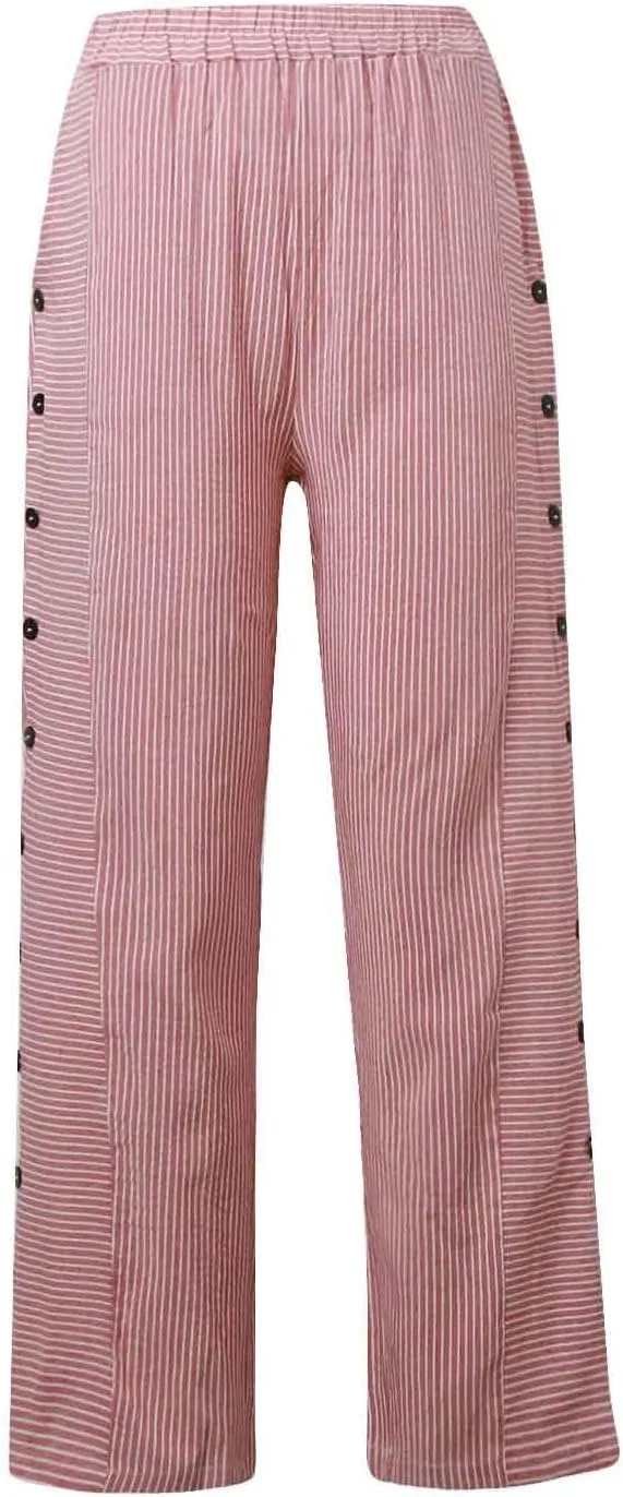 Striped Linen Pants for Women Wide Straight Leg Side Button Pants Womens 2025 Baggy Elastic Waist Pants