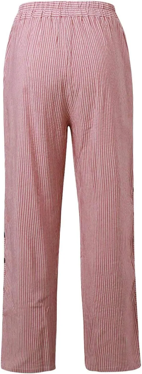 Striped Linen Pants for Women Wide Straight Leg Side Button Pants Womens 2025 Baggy Elastic Waist Pants