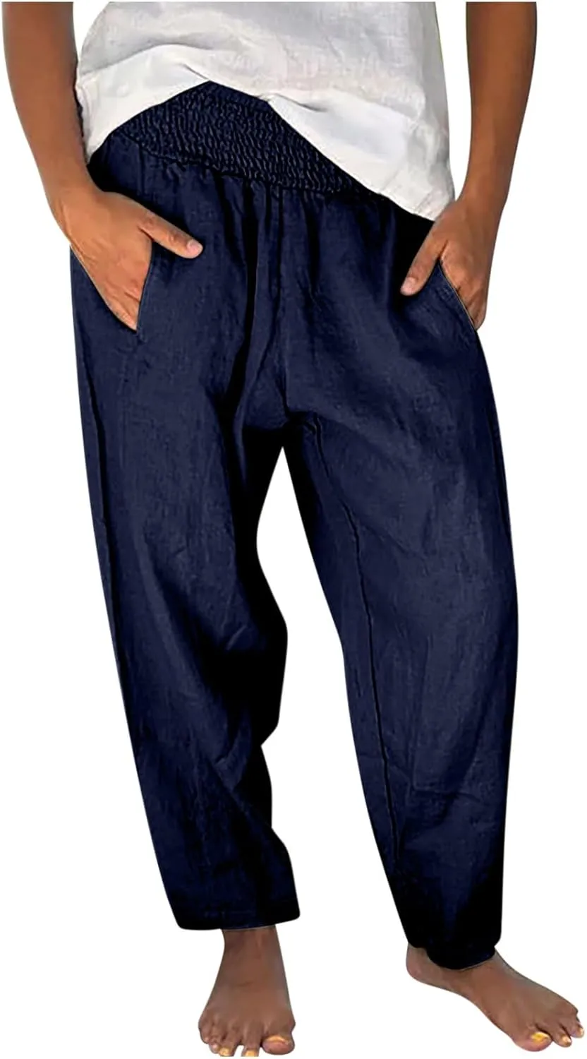 Summer Beach Pants for Women Casual Palazzo Linen Pants Smocked Elastic Waist Loose Trousers with Pockets