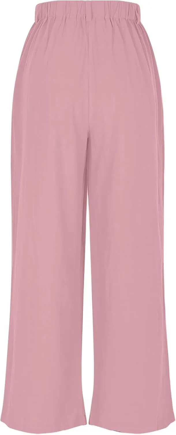 Summer Cotton Linen Pants for Women Loose Fit Wide Leg Trousers High Waist Flowy Beach Palazzo Pants with Pocket