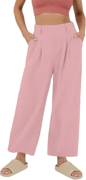Summer Cotton Linen Pants for Women Loose Fit Wide Leg Trousers High Waist Flowy Beach Palazzo Pants with Pocket