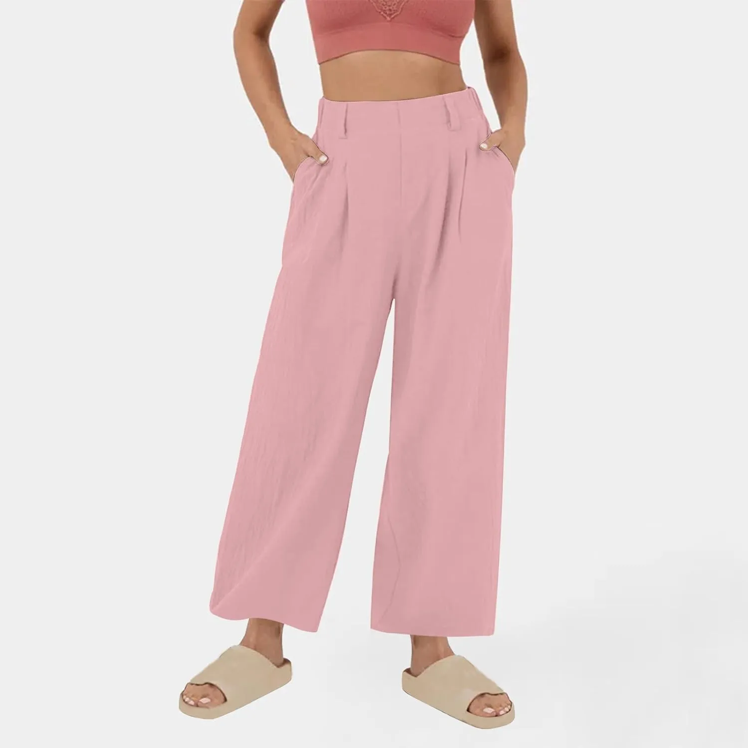 Summer Cotton Linen Pants for Women Loose Fit Wide Leg Trousers High Waist Flowy Beach Palazzo Pants with Pocket