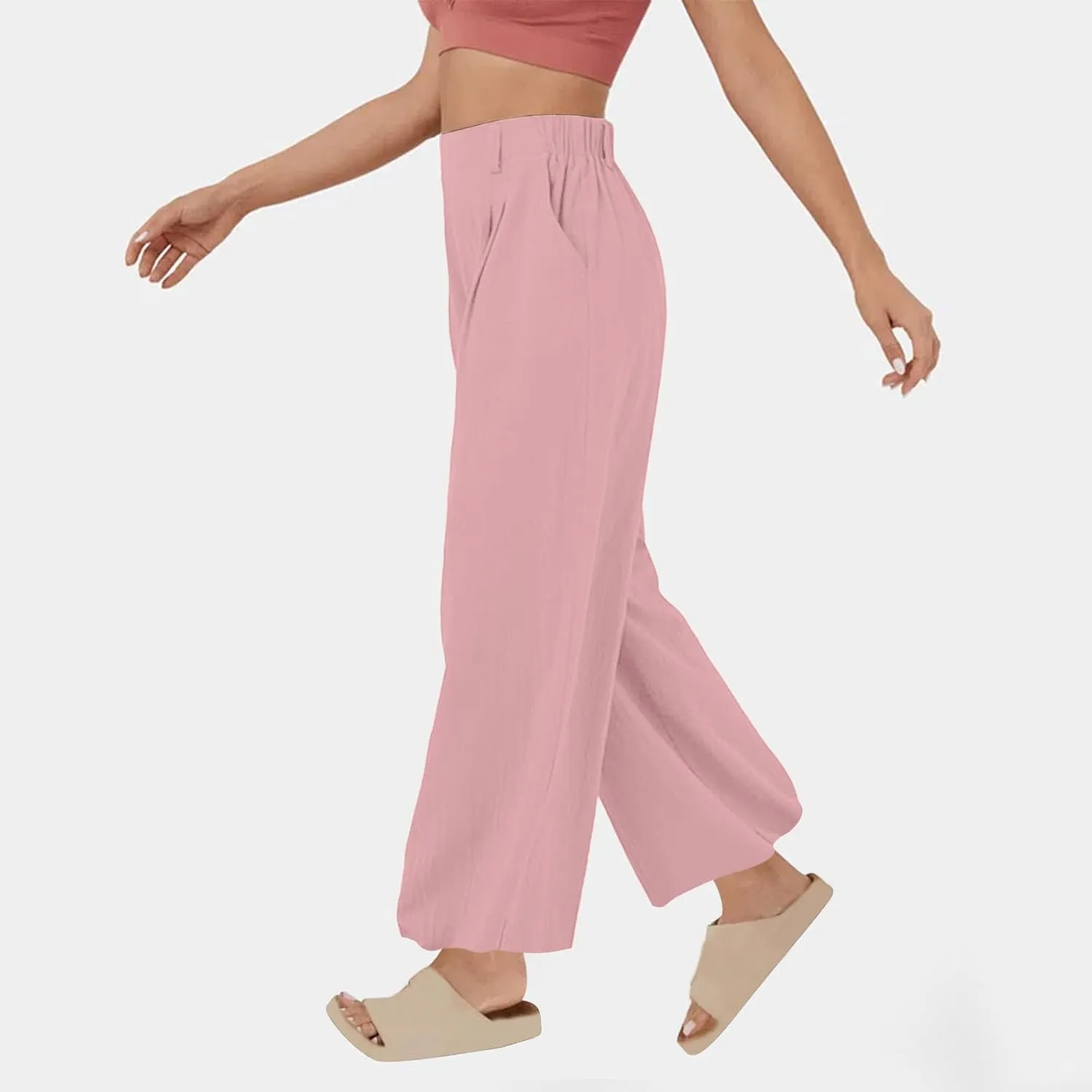 Summer Cotton Linen Pants for Women Loose Fit Wide Leg Trousers High Waist Flowy Beach Palazzo Pants with Pocket