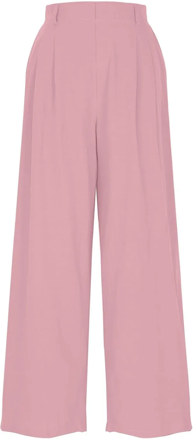 Summer Cotton Linen Pants for Women Loose Fit Wide Leg Trousers High Waist Flowy Beach Palazzo Pants with Pocket