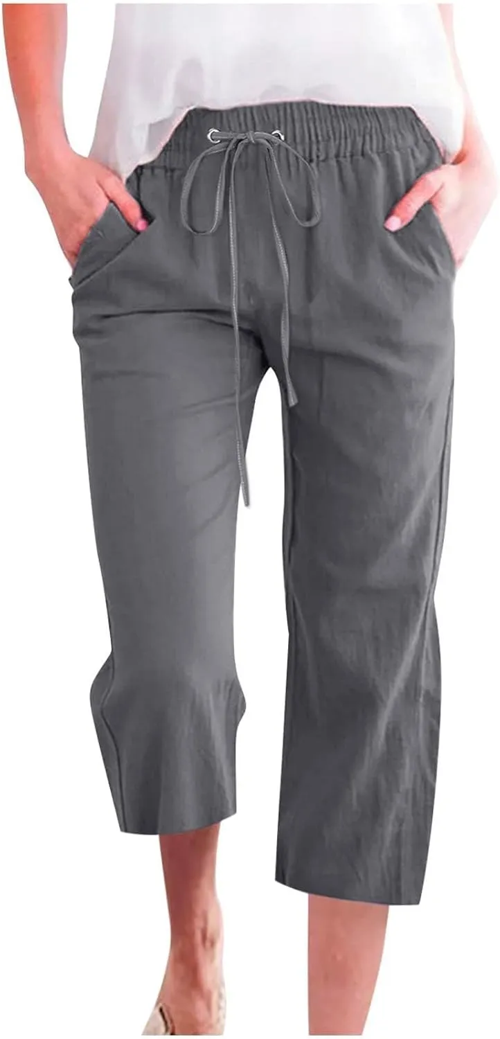 Summer Linen Capris for Women Casual Loose Wide Leg Trousers with Pockets Lightweight High Waisted Cropped Pants