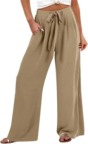 Summer Linen Pants for Women 2025 High Waisted Wide Leg Palazzo Pants Casual Loose Flowy Beach Trousers with Pockets