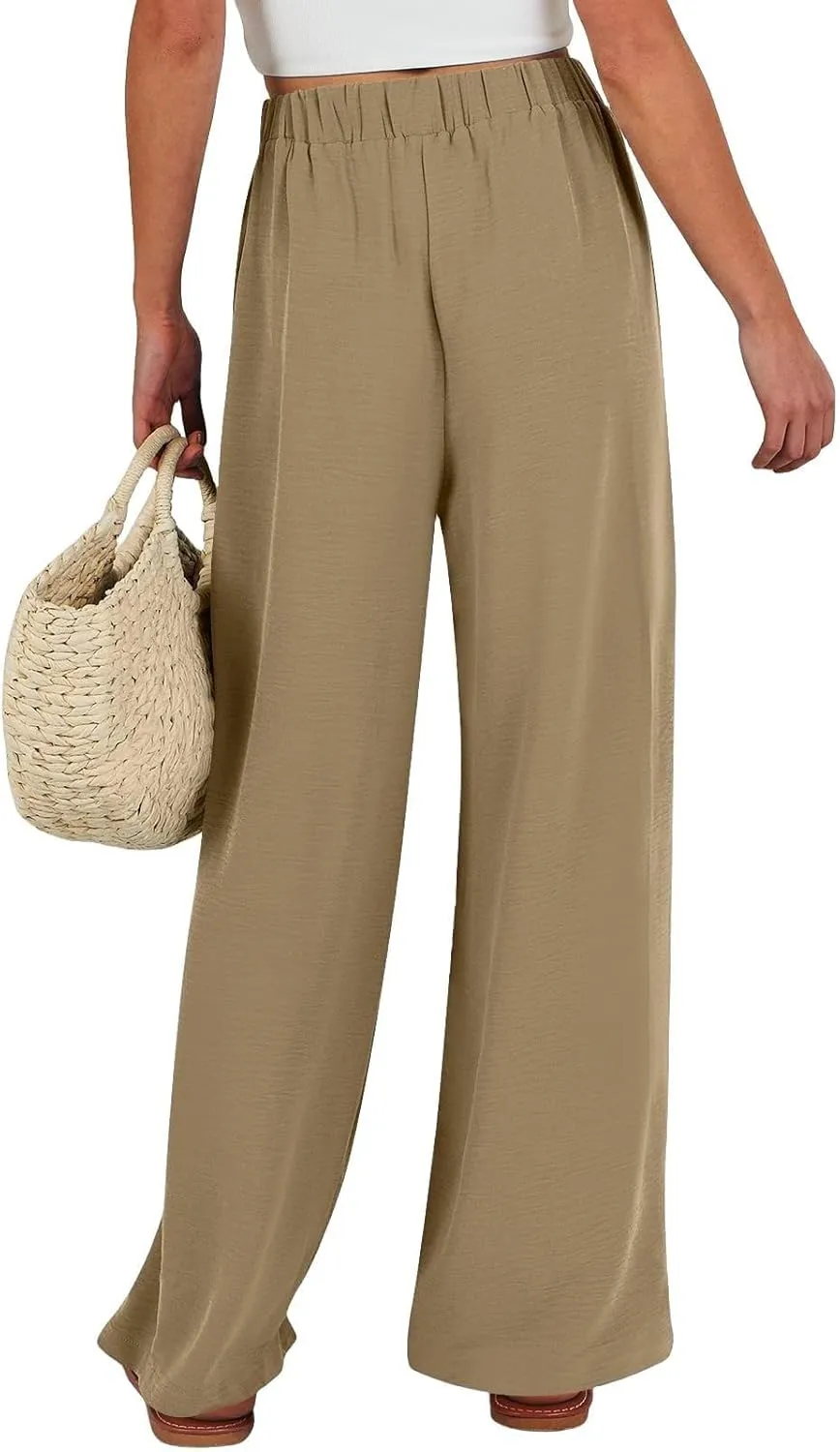 Summer Linen Pants for Women 2025 High Waisted Wide Leg Palazzo Pants Casual Loose Flowy Beach Trousers with Pockets