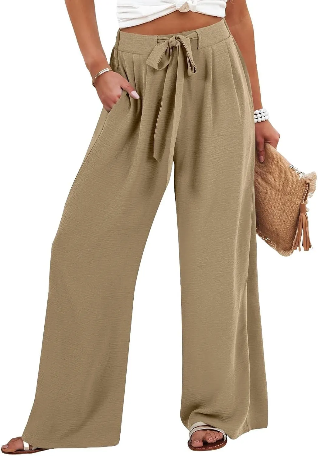 Summer Linen Pants for Women 2025 High Waisted Wide Leg Palazzo Pants Casual Loose Flowy Beach Trousers with Pockets