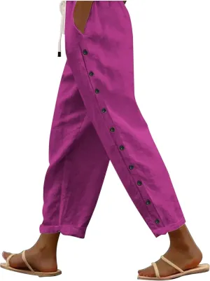 Summer Linen Pants for Women 2025 Trendy Vacation Side Button Elastic Waist Straight Leg Casual Cropped Trousers