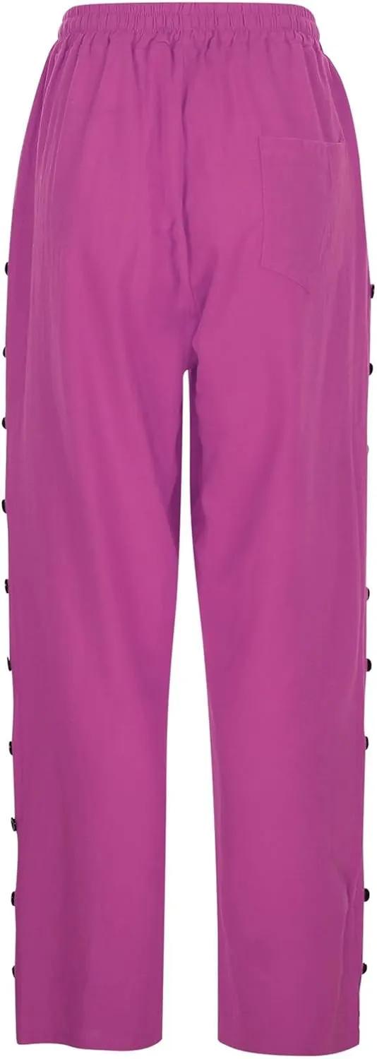 Summer Linen Pants for Women 2025 Trendy Vacation Side Button Elastic Waist Straight Leg Casual Cropped Trousers