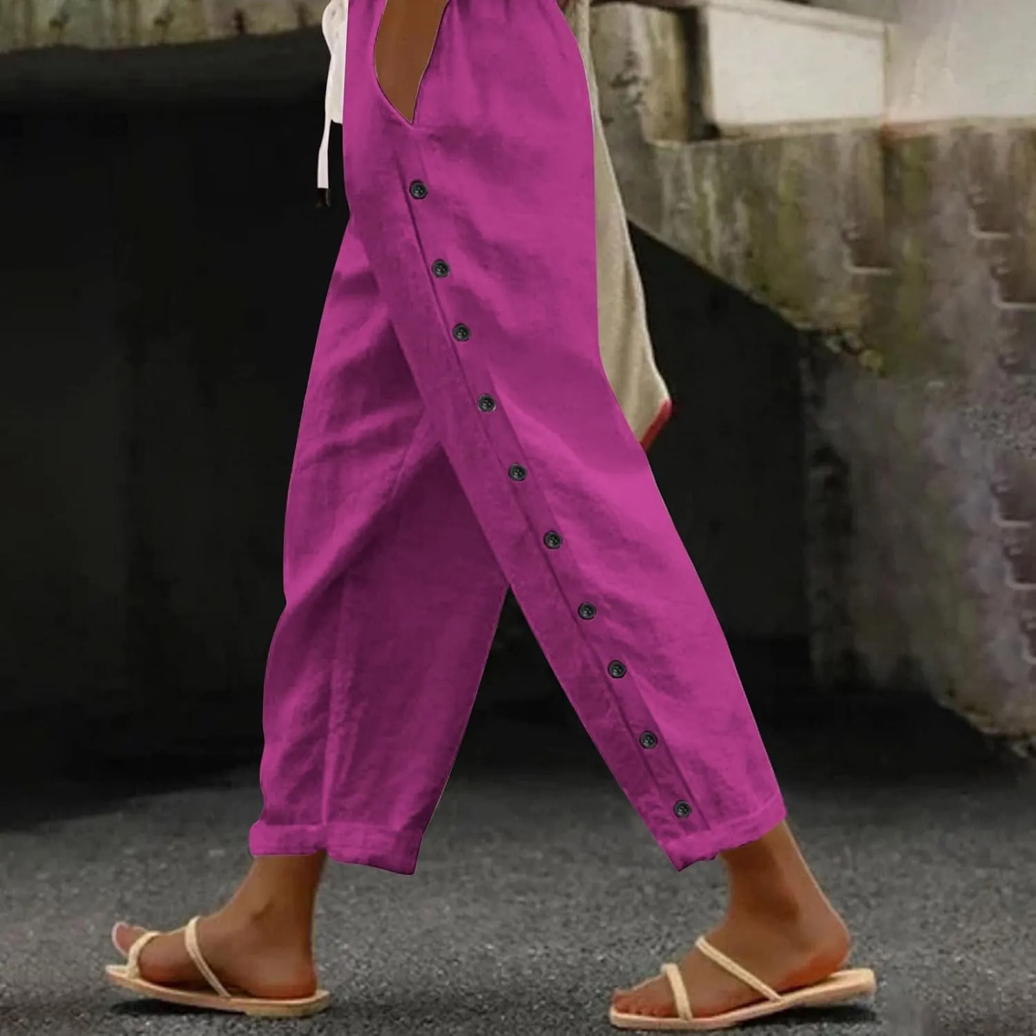 Summer Linen Pants for Women 2025 Trendy Vacation Side Button Elastic Waist Straight Leg Casual Cropped Trousers