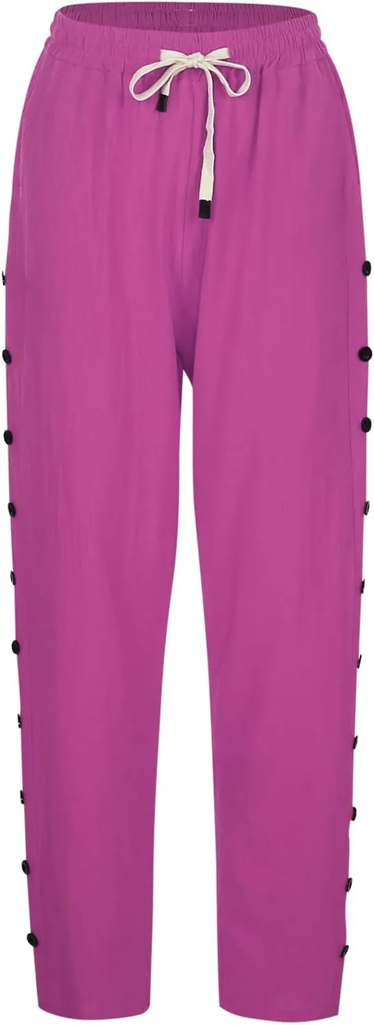 Summer Linen Pants for Women 2025 Trendy Vacation Side Button Elastic Waist Straight Leg Casual Cropped Trousers