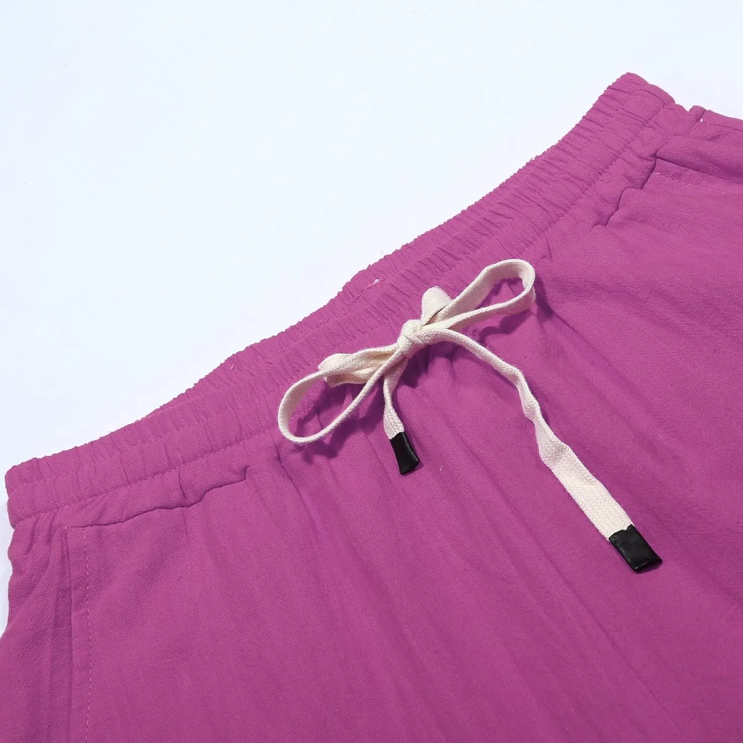 Summer Linen Pants for Women 2025 Trendy Vacation Side Button Elastic Waist Straight Leg Casual Cropped Trousers