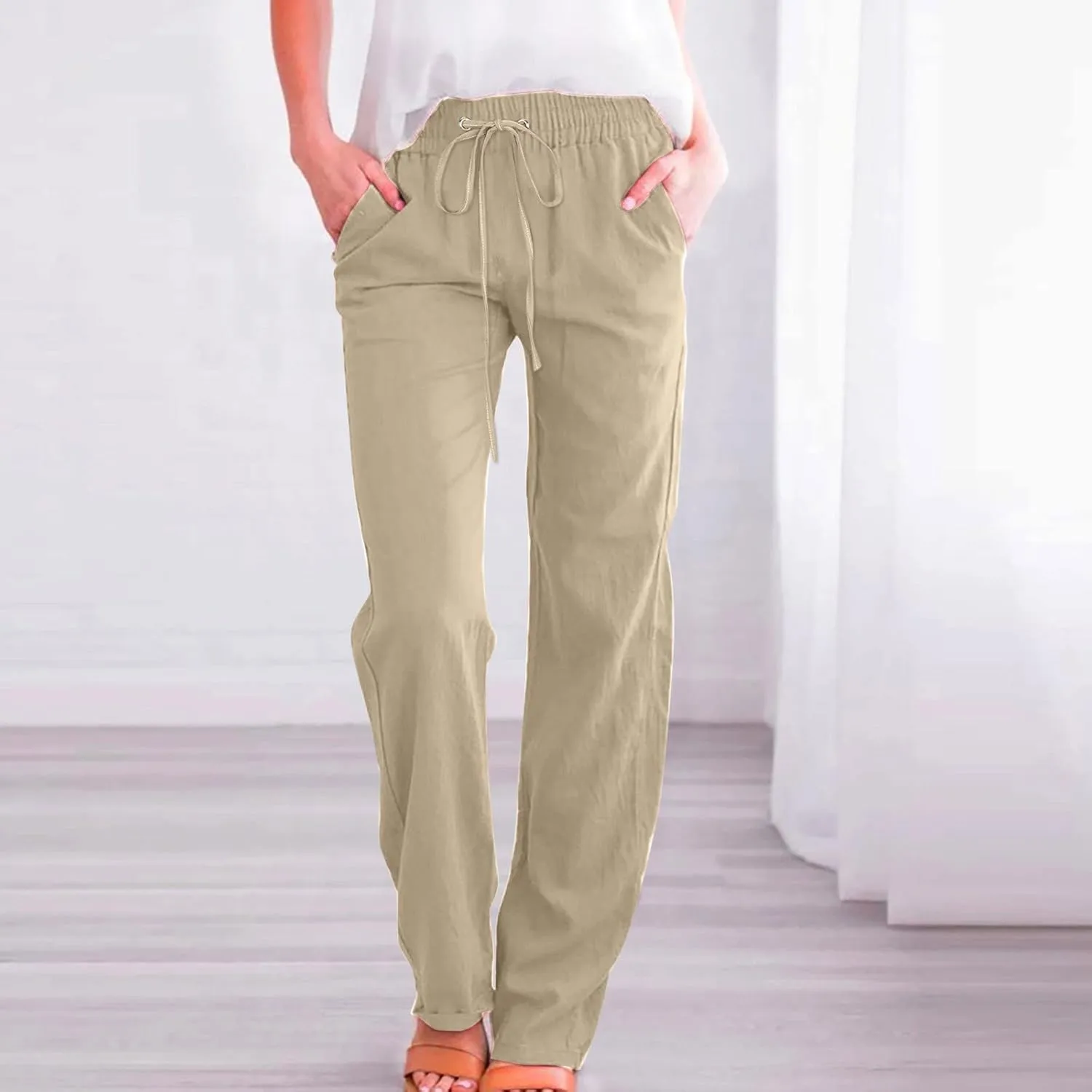 Summer Linen Pants for Women Lightweight Relax Fit Elastic Waist Solid Lounge Long Pants Trendy Beach Boho Trousers
