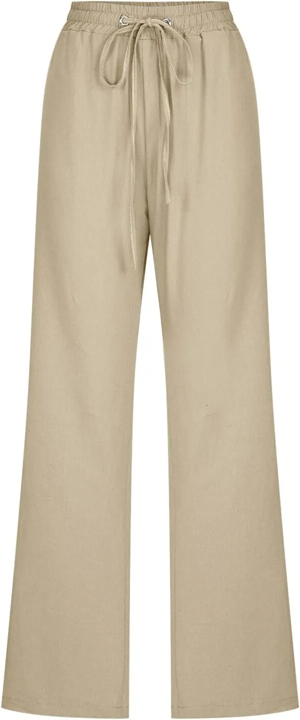 Summer Linen Pants for Women Lightweight Relax Fit Elastic Waist Solid Lounge Long Pants Trendy Beach Boho Trousers