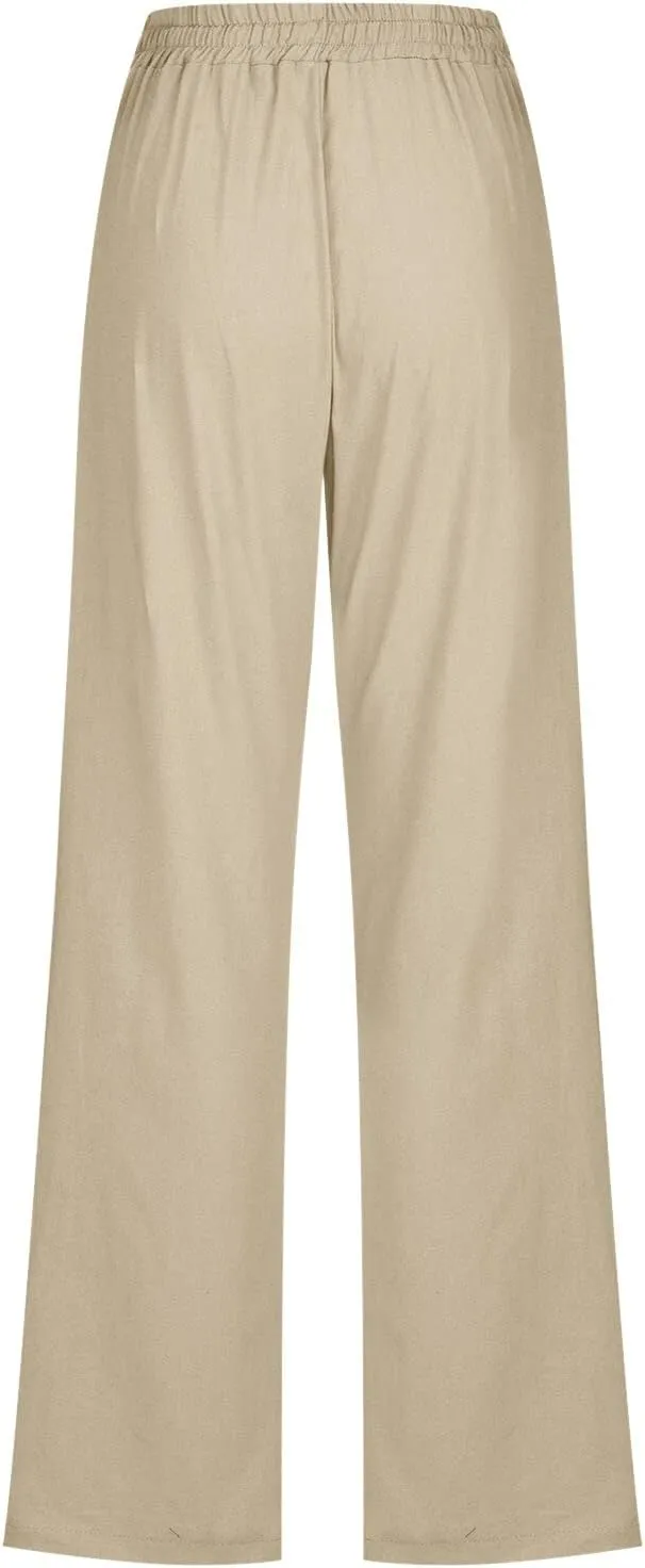 Summer Linen Pants for Women Lightweight Relax Fit Elastic Waist Solid Lounge Long Pants Trendy Beach Boho Trousers