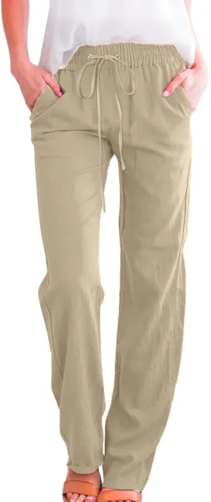 Summer Linen Pants for Women Lightweight Relax Fit Elastic Waist Solid Lounge Long Pants Trendy Beach Boho Trousers
