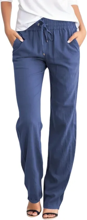 Summer Linen Pants Women Casual Lightweight Loose Lounge Trouser Drawstring Elastic High Waist Comfy Palazzo Long Pant