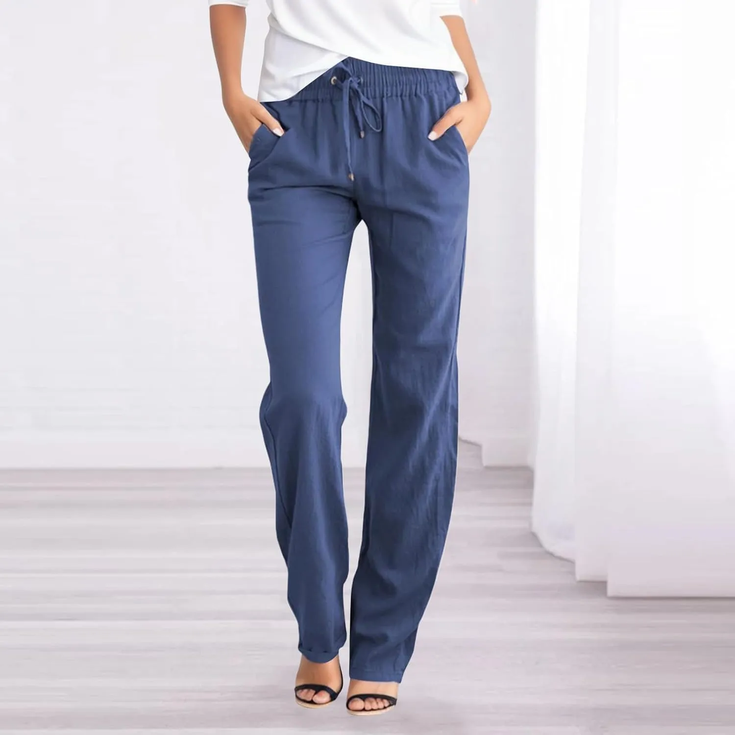 Summer Linen Pants Women Casual Lightweight Loose Lounge Trouser Drawstring Elastic High Waist Comfy Palazzo Long Pant