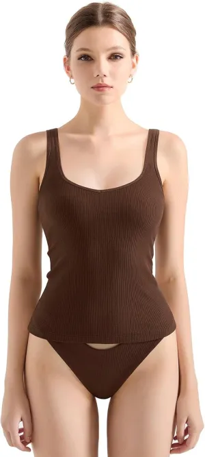 SUUKSESS Women Cotton Ribbed Built in Bra Tank Tops Summer Casual Basic Top