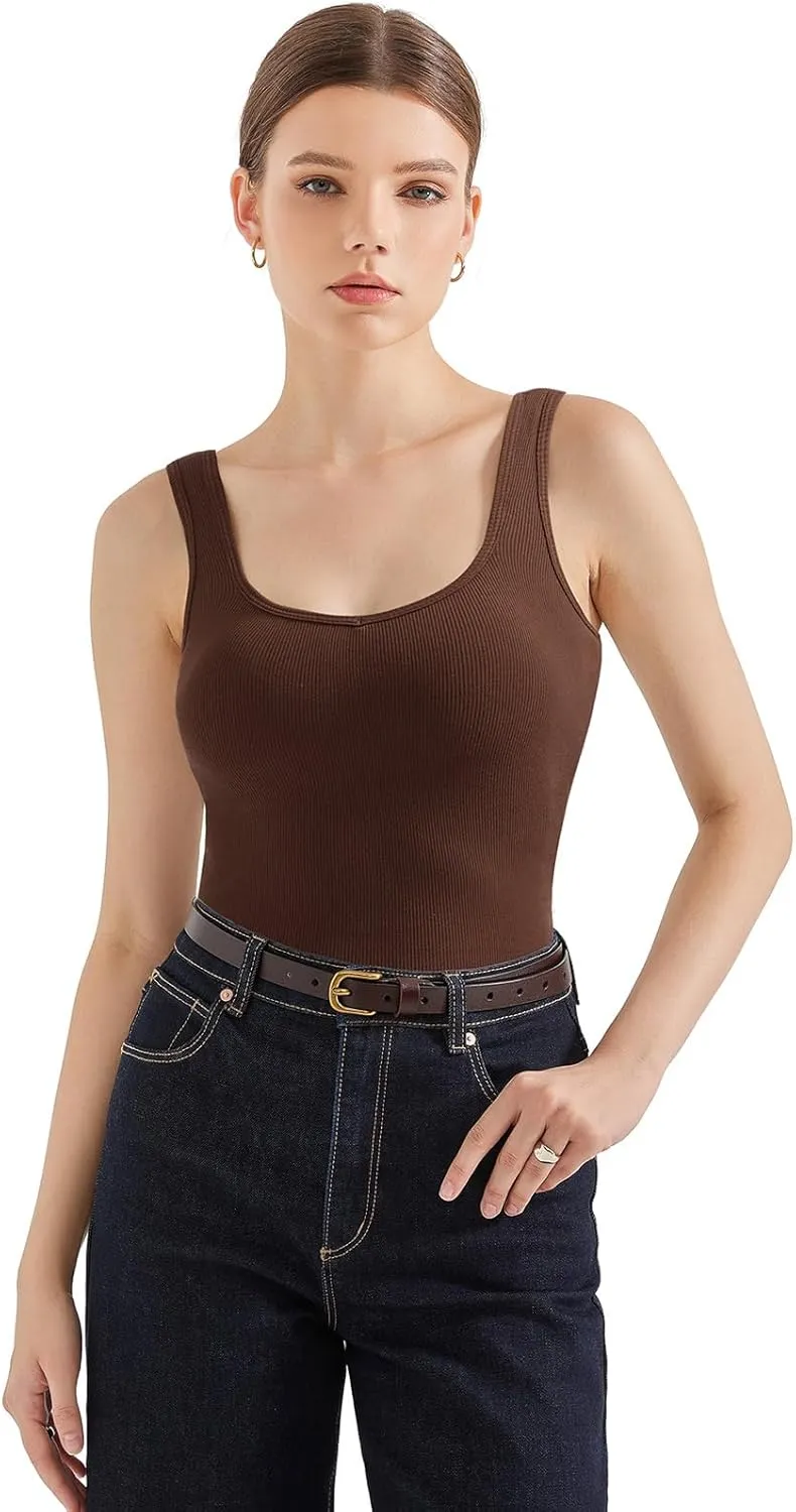 SUUKSESS Women Cotton Ribbed Built in Bra Tank Tops Summer Casual Basic Top