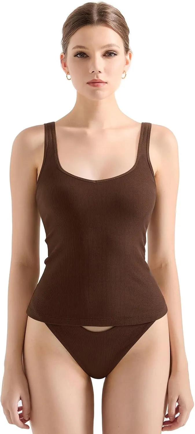 SUUKSESS Women Cotton Ribbed Built in Bra Tank Tops Summer Casual Basic Top