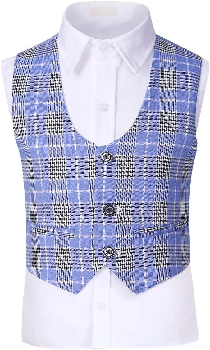 SWOTGdoby Boys Suits 3 Piece Slim Fit Check Plaid Kids Tuxedo Suits for Boys Formal Dress Blazer Jacket Pants Vest Wedding